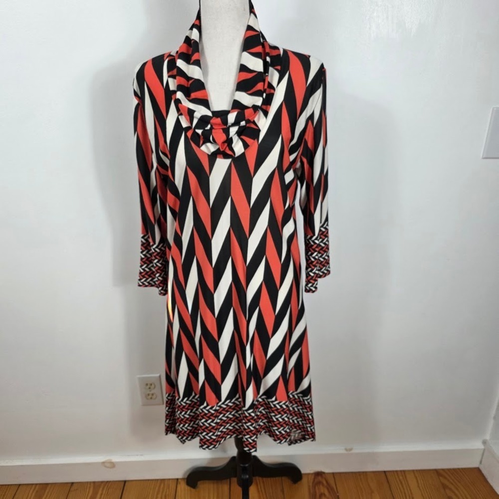 Ice Silk Geometric Chevron Cowl Neck Midi Dress Womens XL‎ Red Black NEW 766
